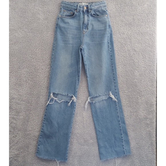 stradivarius Denim - Stradivarius‎ Straight Leg Jeans Women Size 2 Light Distressed Raw Hem High Rise